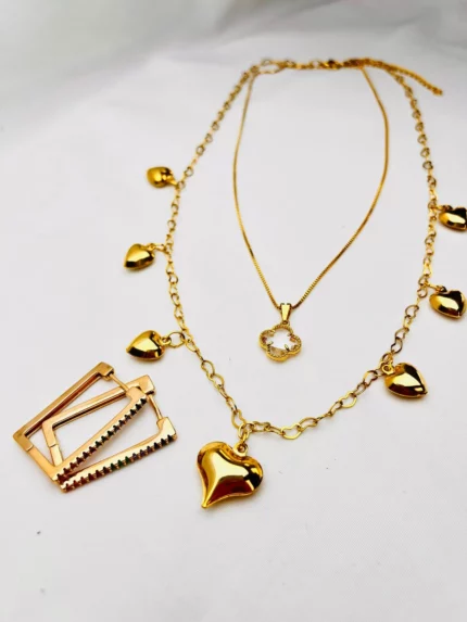 Conjunto colar estelar + colar de coração + brinco retangular