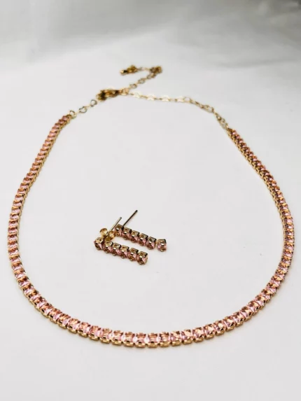 Conjunto colar de pedras rosadas + brinco