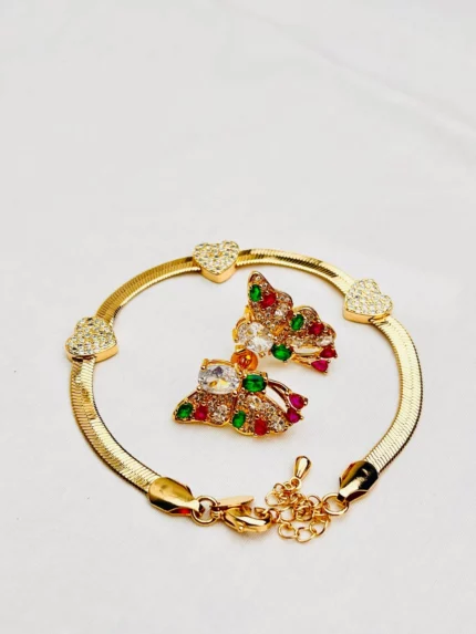Conjunto pulseira de coração + brinco de borboleta