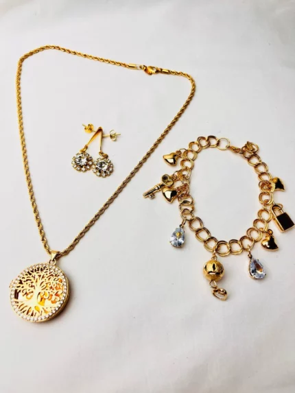 Conjunto colar de árvore + brinco com pedras